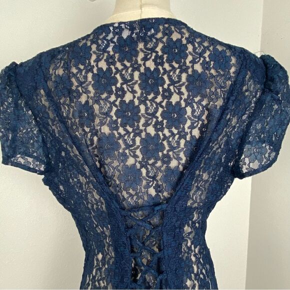 Vintage Blue Lace Midi Dress M-L Romantic Grunge Feminine Cottagecore Whimsigoth - Picture 8 of 13